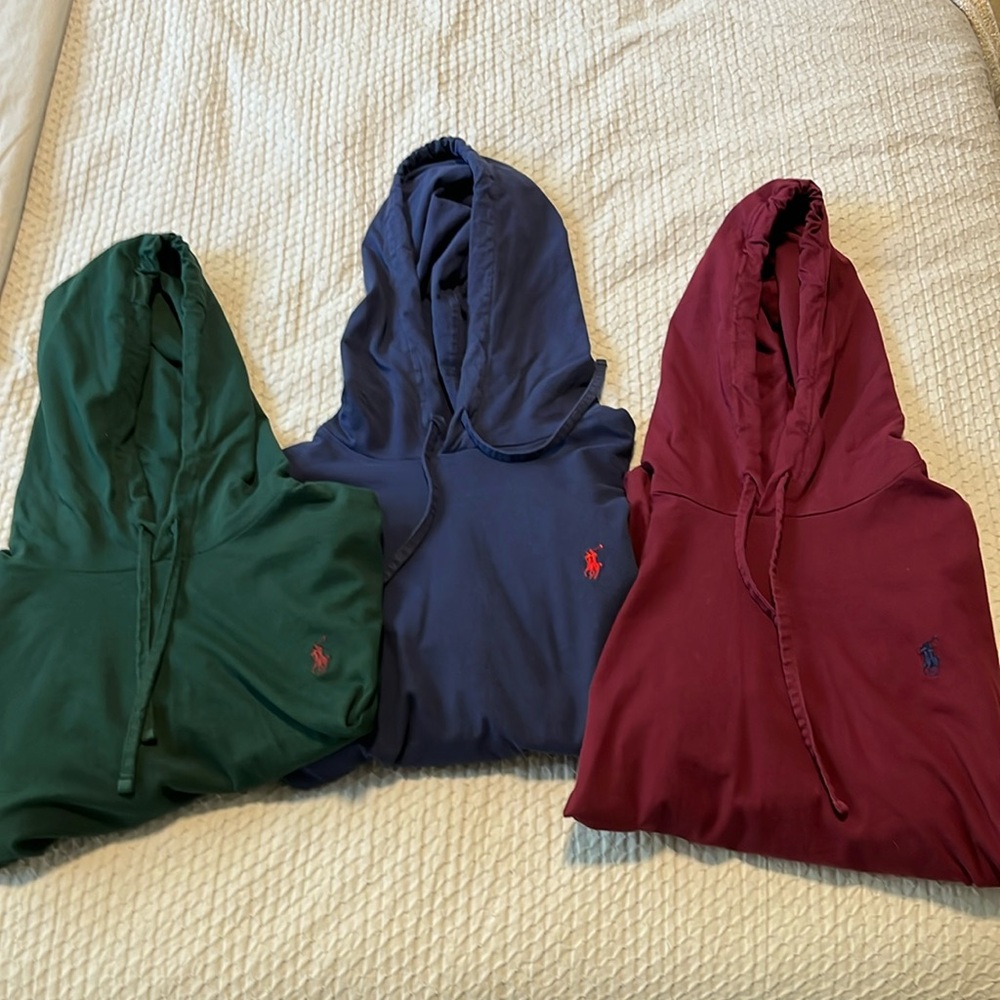 3 men’s Polo light weight long sleeve hoodie shirt 
Size large